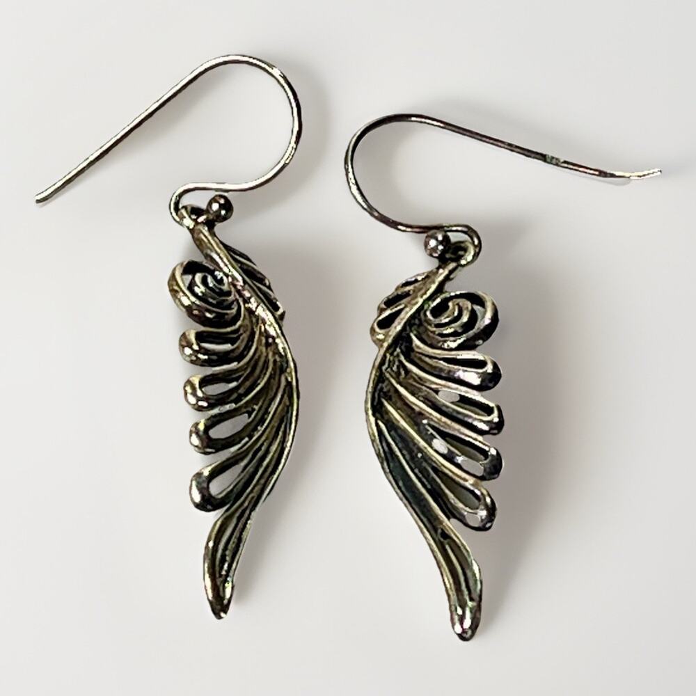 Sterling Silver 925 Angel Wings Dangle Drop Hook Earrings 1.5”- Vintage